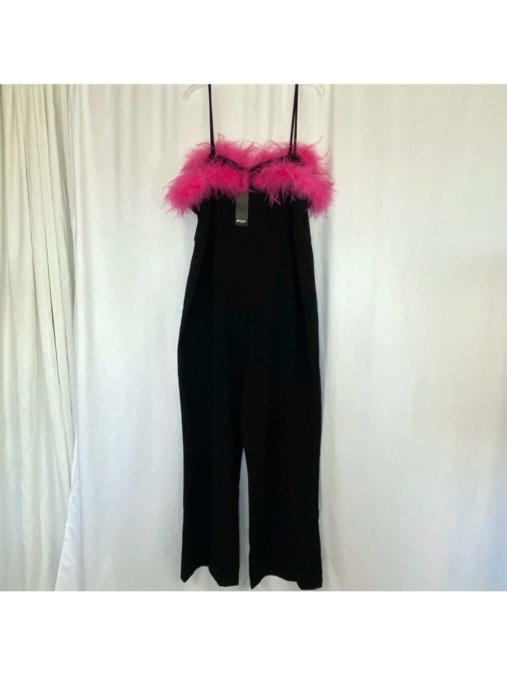 Nasty Gal Black Jumpsuit Hot Pink Feather Trim - Picture 4 of 16